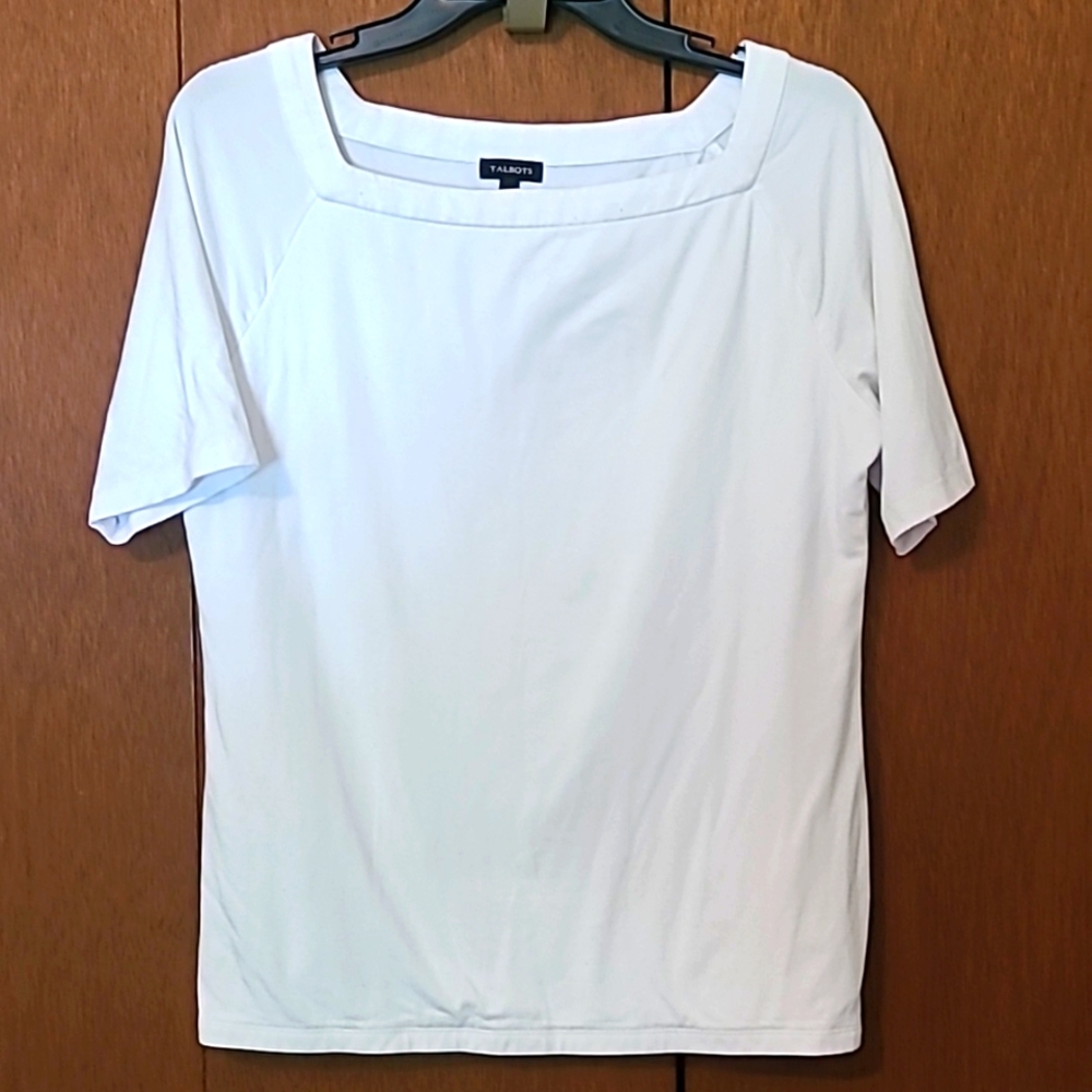 Talbots square neck white tee top Sz M